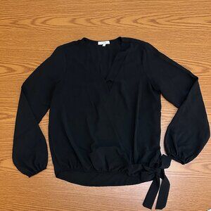 Black Wrap-Style Long Sleeve Blouse – Tie Side Detail